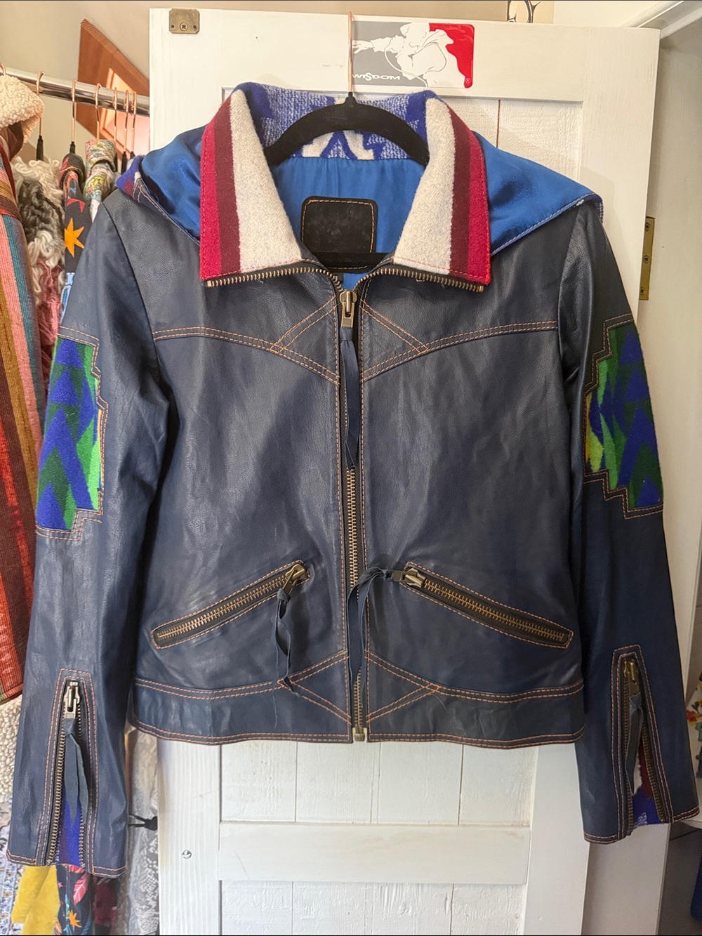 Kiyote of Big Sur Navy Leather Jacket with Colorful Aztec Sleeves